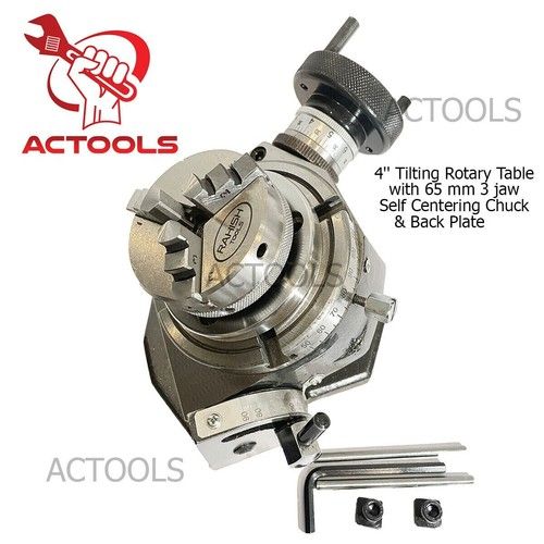 4'' Tilting 100mm Rotary Table with 65 mm 3 jaw Self Centering Chuck & Backplate