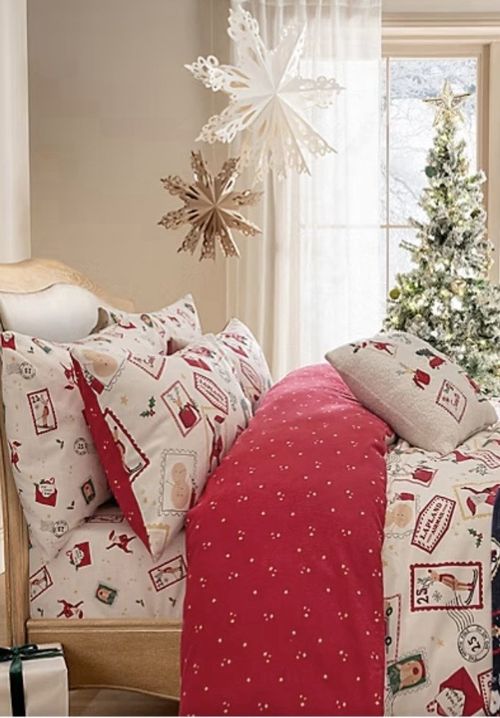 Santa Claus Postcard Print Christmas Bedding Set Double Red & White Bedroom — image 3