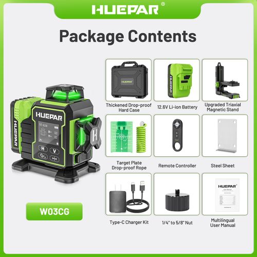 Huepar W03CG Laser Level 3D Self Leveling 12 Lines & LCD Screen+Receiver+Tripod — image 2