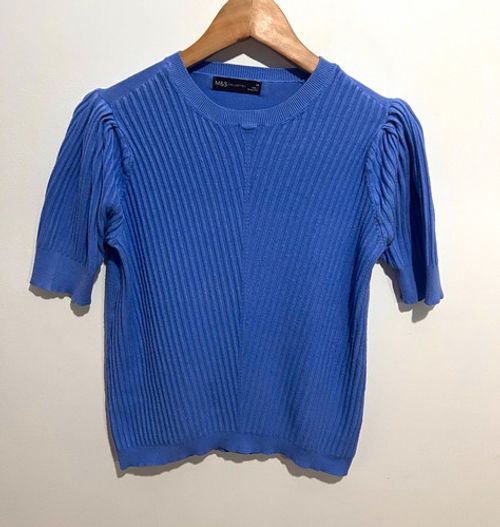 M&S Collection Women’s Blue Knit Jumper Crew Neck Ribbed Puff Short Sleeve 14