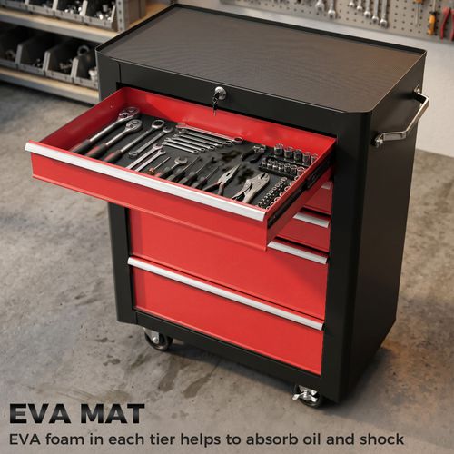 HOMCOM 5-Drawer Lockable Steel Tool Storage Cabinet Wheels Handle 2 Keys Red — image 7