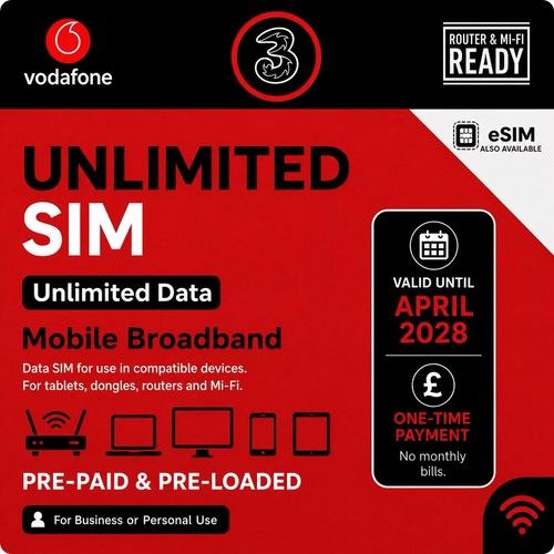 Three - Vodaphone Pre-Loaded Unlimited Data Sim - 5G Mobile | Expiry April 2028