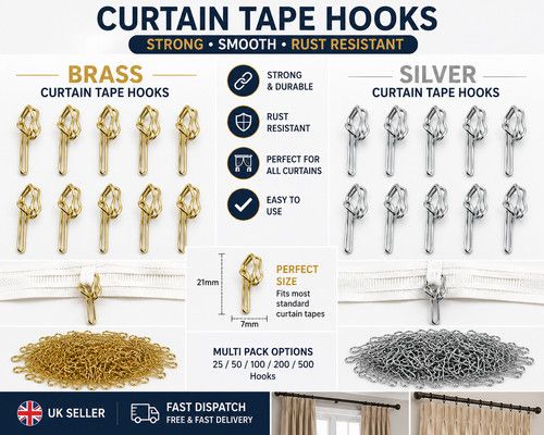 Metal Curtain Hooks Brass Silver Finish For Pencil Pleat Curtain Tape 25 50 100