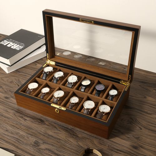 6/10/12 Grids Wooden Watch Box Glass Lid Jewelry Display Organizer Storage Case — image 3