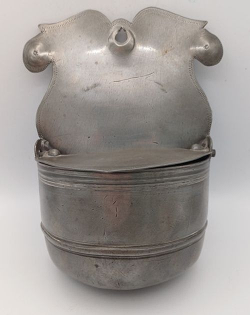 Antique Pewter Salt Crock Wall Box Hinged Lid Kitchenalia