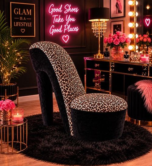 High Heel Shoe Chair Y2K Leopard Print Accent Chair Glam Bedroom Furniture