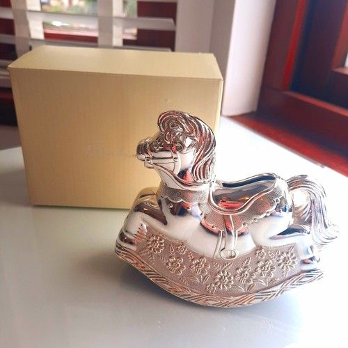 Silver Tone Metal Rocking Horse Money Box Christening Gift Keepsake