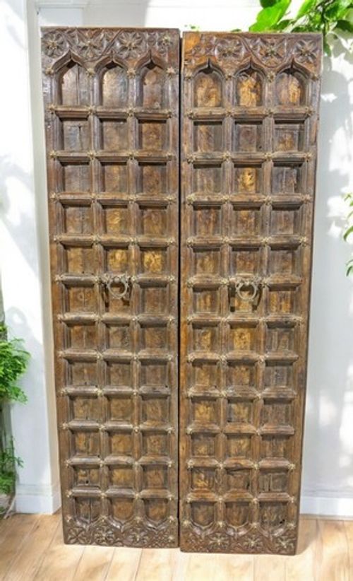 Antique Teak Wood Architectural Door Panels Original Old Hand Carved 3x5.5 feet