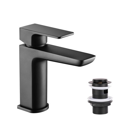Basin Sink Mixer Tap with Waste Square Modern Bathroom Mixer Tap Matt Black
