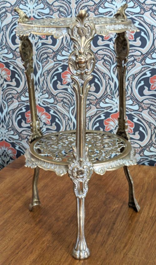 Vintage Ornate Brass Two Tier Side Table Plant Stand Pierced Cherub Angel