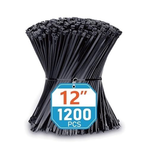 Zip Ties 12 Inch Black 1200 Count Nylon Cable Ties 50lb Strength — image 1