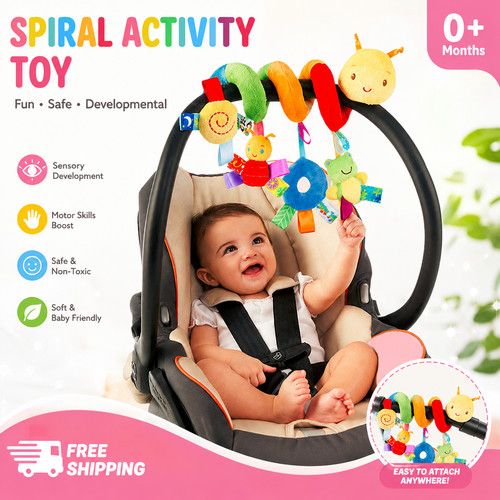 Spiral Stroller Toy, 0-6 Months, Plush Hanging Baby Rattle Sensory Toy, Mobile