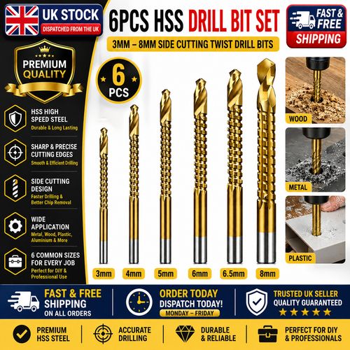 6Pcs 3mm-8mm Side Cutting Drill Bit Twists Drill Bits Serrated Drill Bit Set UK — image 1