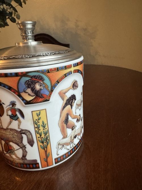 Schmidt Vintage German Ceramic Jar Pewter Handle Lid Greek Mythology 2005 9" — image 2
