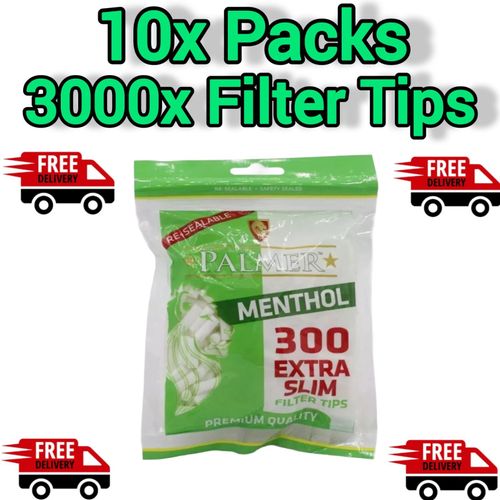 3000x Palmer Menthol Extra Slim Rolling(300 Filter Tips Per Pack) 6mm Smoking UK — image 1