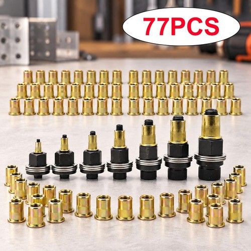 77x Rivet Nut Kit with Steel Rivet Tool Mandrels M3/M4/M5/M6/M8/M10/M12 Nut Set