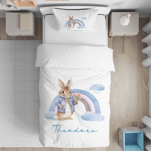 Personalised Blue Rabbit Cot Bed Duvet Set Baby Nursery Bedding Gift