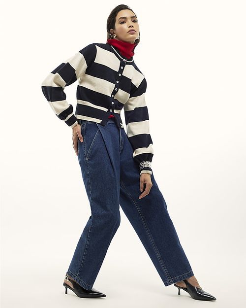 River Island Womens Cardigan Navy Striped Long Sleeve Button Jumper Top — image 2
