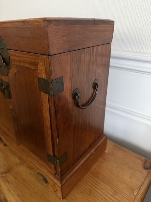 Chinese Wooden Storage Cabinet Box Hinged Lid Double Doors Iron Fittings — image 3