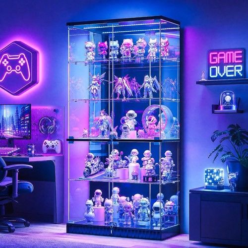 Glass Display Cabinet with RGB Lights, Lockable Curio Cabinets for Collectibles