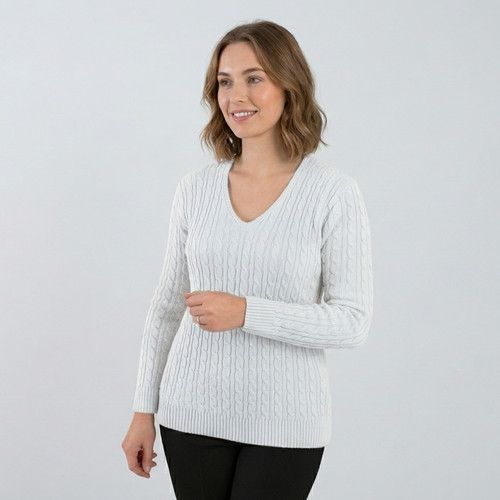 Womens Cable Knit Jumper V Neck Long Sleeve Sweater Ladies Winter Warm Knitted