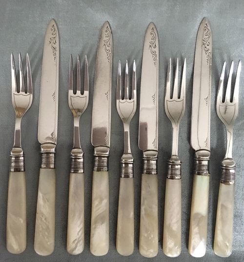 Antique Mappin & Webb Silver Plate Fruit Knives & Forks Mother Of Pearl Handles  — image 1