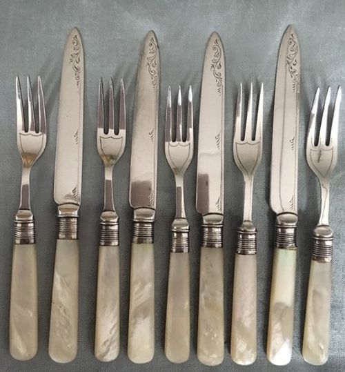 Antique Mappin & Webb Silver Plate Fruit Knives & Forks Mother Of Pearl Handles 