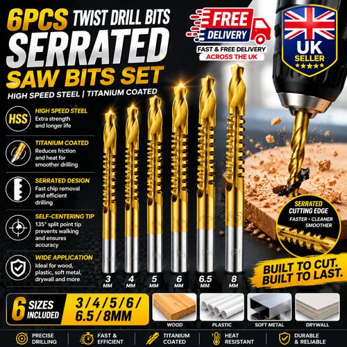 6PCS Twist Drill Bits High Speed Steel Titanium Coated Serrated Saw Bits Set NEW