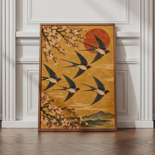 Japanese Swallows Cherry Blossom Poster, Red Sun Bird Wall Art, Ukiyo-e Style