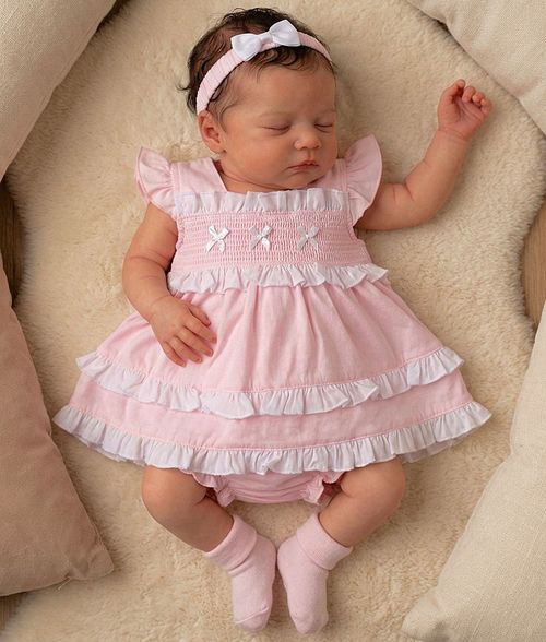 Baby Girl Dress Set Outfit Smocked Frilly Bow Headband Pink — image 1