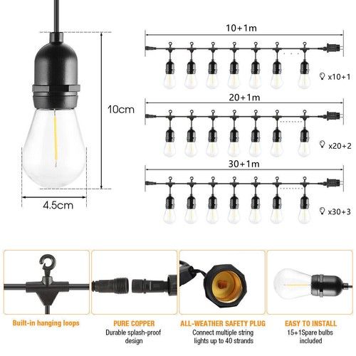 10M/20M/30M Festoon String Light E27 S14 LED Bulbs Outdoor Garden Light UK Plug