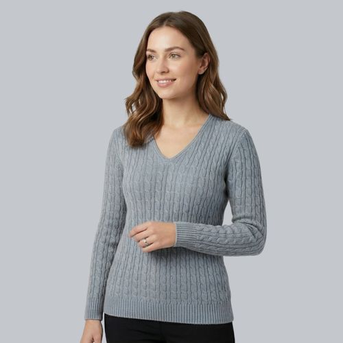 Womens Cable Knit Jumper V Neck Long Sleeve Sweater Ladies Winter Warm Knitted — image 1