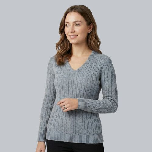 Womens Cable Knit Jumper V Neck Long Sleeve Sweater Ladies Winter Warm Knitted