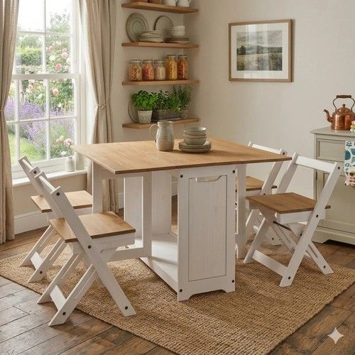 Corona Butterfly Drop Leaf Dining Table and 4 Chairs White Wax Santos