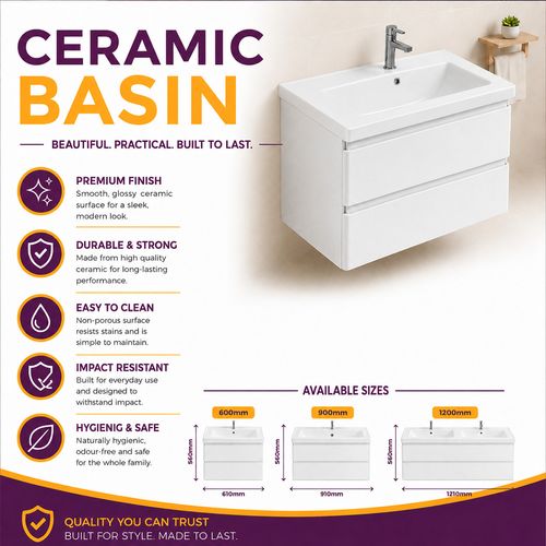 600mm White Gloss Wall Hung Bathroom Vanity Unit with Basin & Soft Close Drawers — image 3