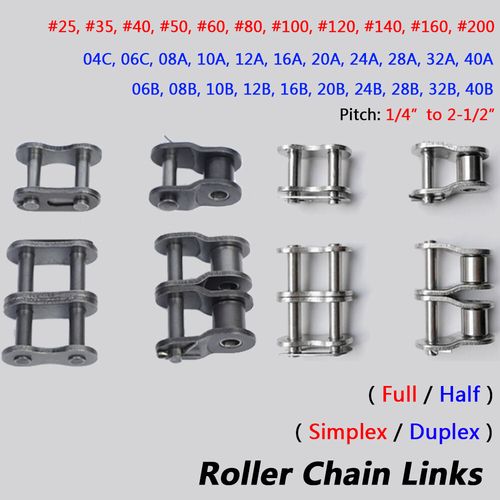 #25 - #200 Simplex/Duplex Roller Chains Full/Half Connecting Links Pitch 1/4"-2" — image 1