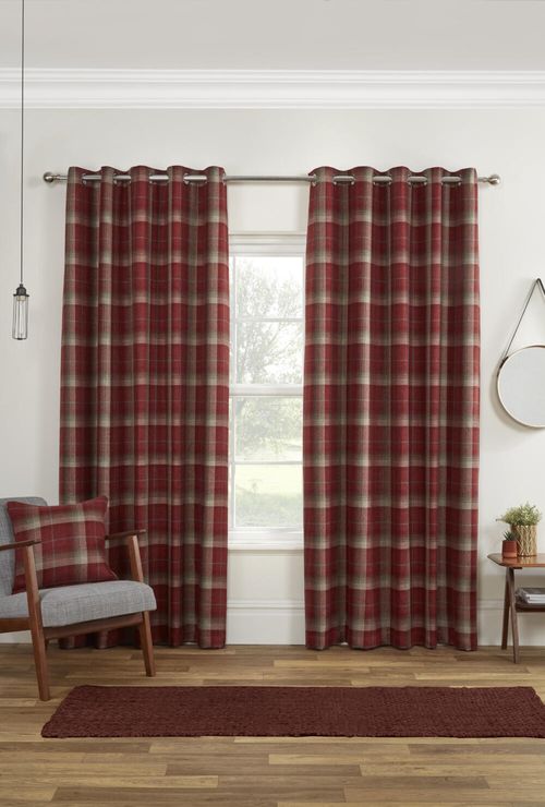 Blackout Thermal Lined Eyelet Curtains Sundour Carnoustie Red Tartan — image 1