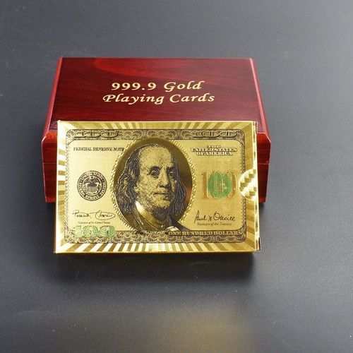 24K Karat 99.9% PURE GOLD PLATED 100 Dollar Playing cards DECK WITH WOODEN BOX 