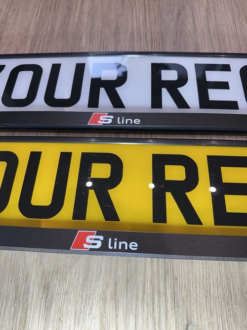 2x Audi S Line Number Plate Frames Surrounds Holders UK Front Rear Black Car Set — image 4