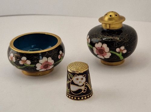 Cloisonne and Brass Pepper Shaker/Salt Cellar Set & Thimble