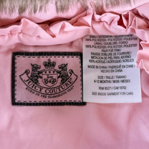 Juicy Couture Infant Pink Puffer Jacket Faux Fur Hood Coat Size 6–12 Months Cute — image 3