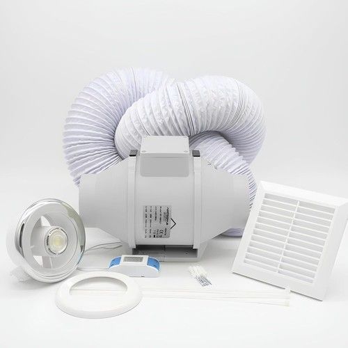 AirTech Powerful Inline Bathroom Shower Fan Kit 100mm with Timer & 3W LED Light