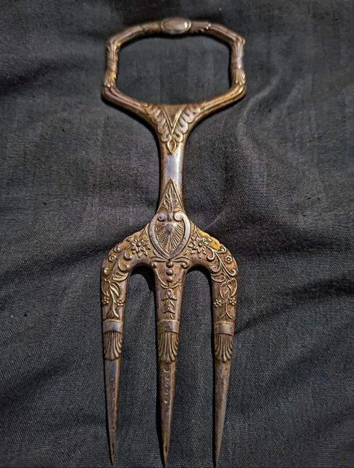Engraved Silver Plated Metal 3-Tine Serving Fork, Antique Floral Handle Pattern — image 1