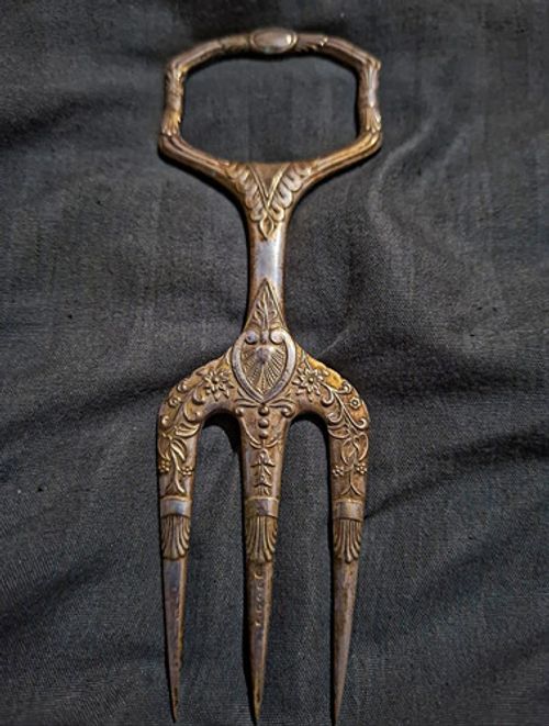 Engraved Silver Plated Metal 3-Tine Serving Fork, Antique Floral Handle Pattern