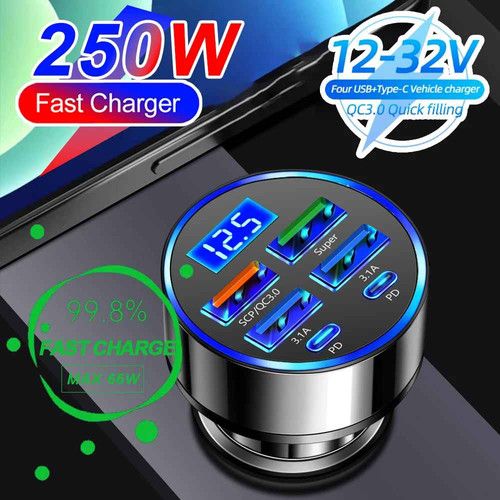 Fast Car Charger Adapter 4USB 2 Type C Lighter Socket Adapter For Iphone Samsung