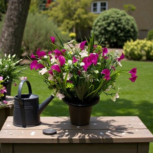 Dark Pink Cana Lilies Artificial Flowers Memorial Grave Pot, Arrangement. 58