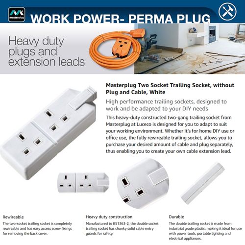 2 Gang Trailing Socket 13A Rewireable Extension Lead Double Socket White — image 5