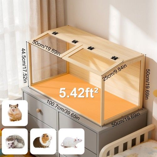 Large Wooden Hamster Cage Chewproof Guinea Pig Cage with Easy View Glass Panels