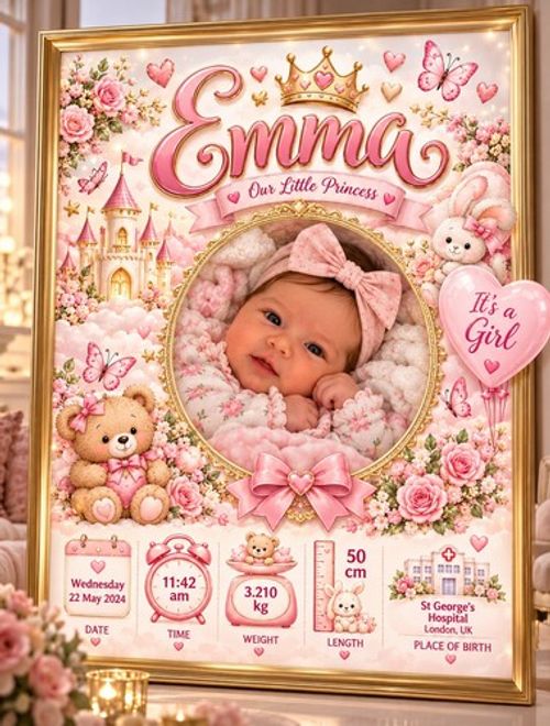 Personalised Baby Birth Print with Photo A4: 21 x 29.7 cm Boy or Girl Gift
