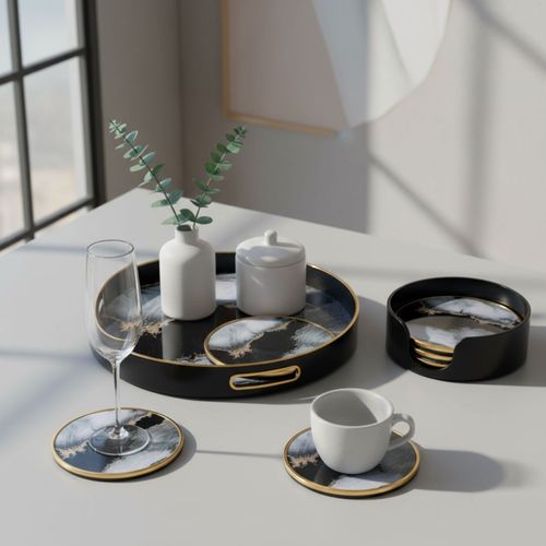 Round Black Agate Theme Serving Drinks Candle Display Decor Coffee Table Tray — image 4